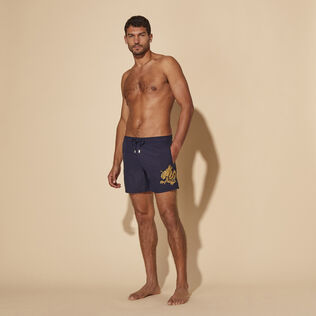 Men Swim Trunks Placed Embroidery The Year of the Dragon Navy front worn view