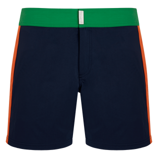 Men Stretch Swim Shorts Flat Belt Color Block Chive front view