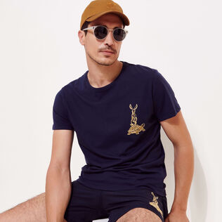 Men Others Embroidered - Men Cotton T-Shirt Embroidered The year of the Rabbit, Navy details view 6