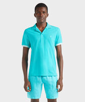 Men Organic Cotton Pique Polo Shirt Solid Disco green front worn view