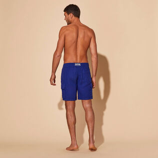 Men Linen Bermuda Shorts Cargo Pockets Ink back worn view