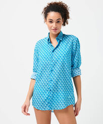 Others 印制 - 中性 Micro Waves 棉质巴厘纱夏季衬衫, Lazulii blue 女性正面穿戴视图