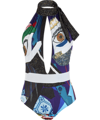 Costume intero donna dal taglio basso Envoûtement - Vilebrequin x Deux Femmes Noires Purple blue vista frontale