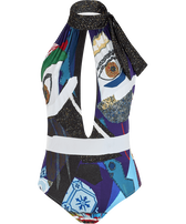 Bañador de una sola pieza de corte bajo con estampado Envoûtement para mujer - Vilebrequin x Deux Femmes Noires Purple blue vista frontal