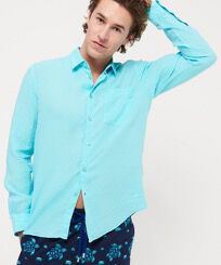 Camisa de lino lisa para hombre Lazulii blue vista frontal desgastada