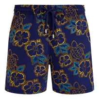 Men Swim Trunks Embroidered Hibiscus - Limited Edition Midnight front view