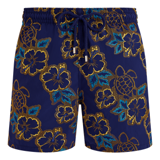 Men Swim Trunks Embroidered Hibiscus - Limited Edition Midnight front view