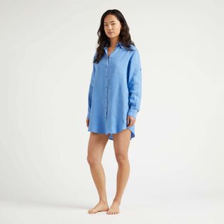 Women Linen Shirt Dress Solid Jeans blue front worn view