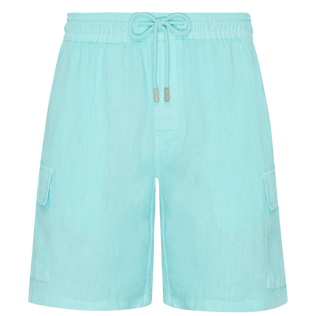 Men Linen Bermuda Shorts Cargo Pockets Lagoon front view