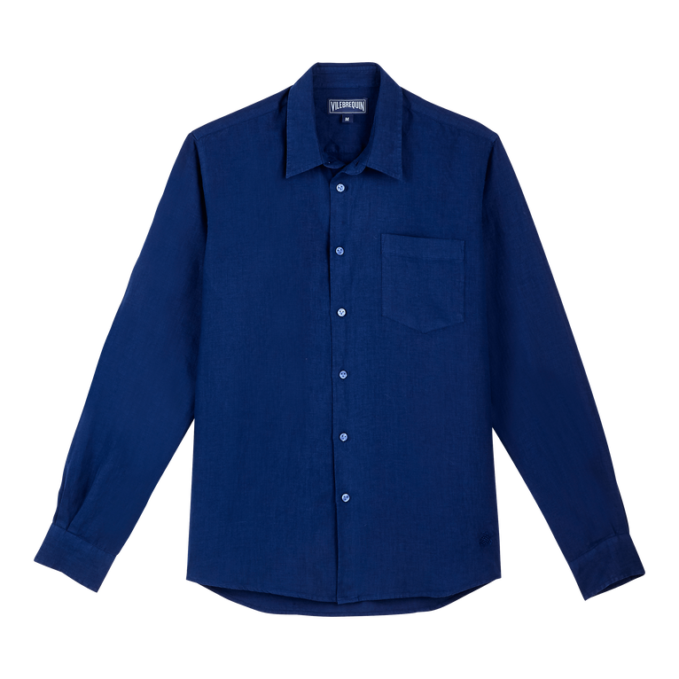 Camisa De Lino Lisa Para Hombre - Camisa - Caroubis - Azul