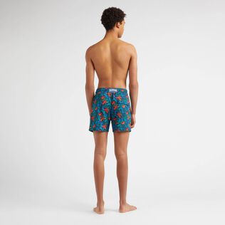Men Stretch Short Swim Trunks Tropical Flowers Navy back worn view
