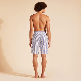 Men Striped Cotton Linen Bermuda Shorts Midnight back worn view