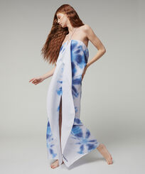 Women Hemp Viscose Pareo Dress-Tie & Dye- Vilebrequin x Angelo Tarlazzi Neptune blue front worn view