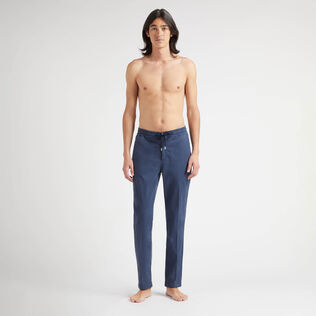 Men Cotton and Tencel Elastic Waist Pants Solid Navy front worn view