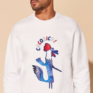 Men Cotton Crewneck Sweatshirt Embroidered Cocorico ! White details view 2