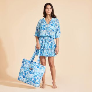 Vestido corto con volantes y estampado Tahiti Flowers para mujer Blanco detalles vista 1