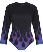 Women Rashguard Long-Sleeves One-piece Swimsuit Hot Rod 360° - Vilebrequin x Sylvie Fleury Black front view