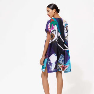 Women Cotton Voile Maxi Dress Envoûtement - Vilebrequin x Deux Femmes Noires Purple blue back worn view