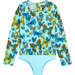 Girls Fitted Printed - Girls One-piece Zipped Rashguard Butterflies, Lagoon front view