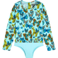 Girls Fitted Printed - Girls One-piece Zipped Rashguard Butterflies, Lagoon front view
