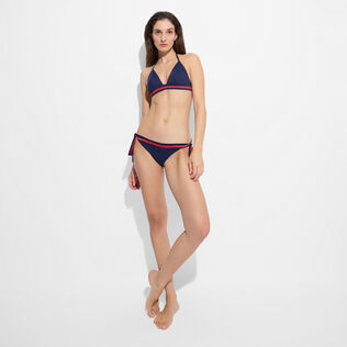 Top bikini donna all'americana tinta unita - Vilebrequin x Ines de la Fressange Blu marine vista frontale indossata