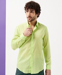 Unisex cotton voile Shirt Solid Coriander men front worn view