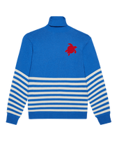 Men Striped Cotton and Cashmere Turtleneck Pullover Jacquard Tortue Sea blue front view