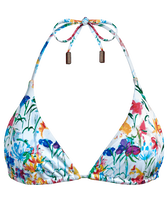 Women Triangle Bikini Top Happy Flowers White front view