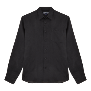 Men Linen Shirt Solid Black 正面图