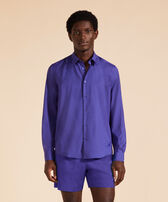Men Wool Shirt Solid Purple blue 正面穿戴视图