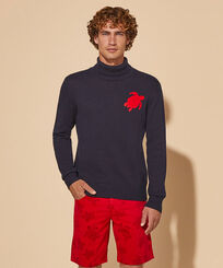 Men Cotton and Cashmere Turtleneck Pullover Blau Vorderseite getragene Ansicht