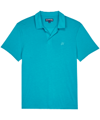 Men Tencel Polo Shirt Solid Ming blue front view