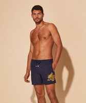 Men Placed Embroidery Swim Shorts The Year of the Dragon Navy front worn view