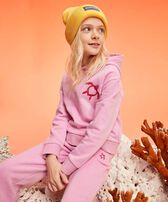 Sudadera de algodón orgánico con capucha y estampado Turtle Heart Tahiti para niña Petunia vista frontal desgastada