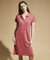 Women Linen Long Polo Dress Solid China red front worn view