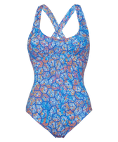 Bañador de una sola pieza con tirantes cruzados en la espalda y estampado Carapaces Multicolores para mujer Mar azul vista frontal