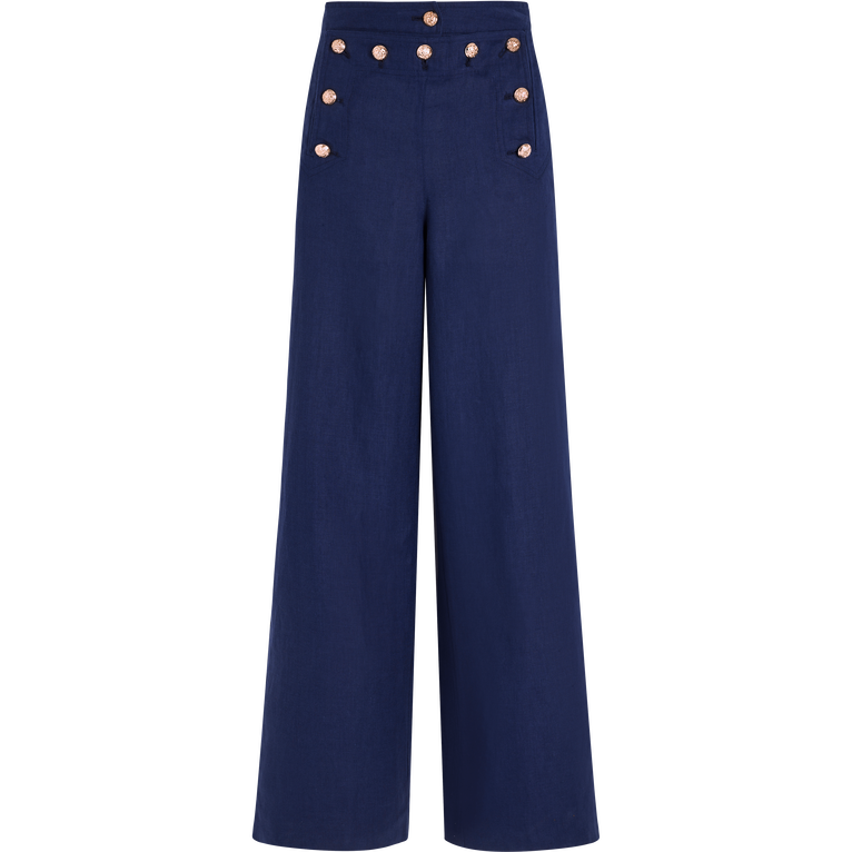 Women Linen Pants Solid- Vilebrequin X Ines De La Fressange - Liris - Blue - Size S - Vilebrequin