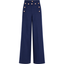 Pantaloni donna in lino tinta unita - Vilebrequin x Ines de la Fressange Blu marine vista frontale