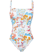 Bañador de una sola pieza tipo bustier con estampado Peaceful Trees para mujer Blanco vista frontal