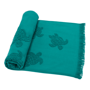 Beach Towel in Organic Cotton Turtles Jacquard Linden front worn view