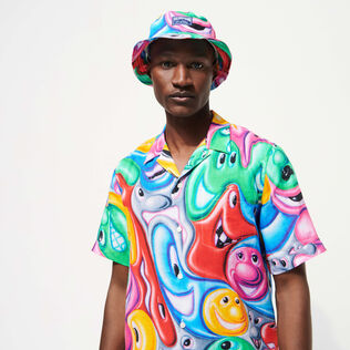 Men Linen Bowling Shirt Faces In Places - Vilebrequin x Kenny Scharf Multicolor front worn view