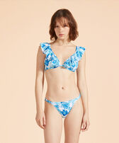 Top de bikini con volantes y estampado Tahiti Flower para mujer Blanco vista frontal desgastada