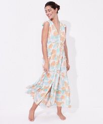 Vestido largo con estampado Iridescent Flowers of Joy para mujer - Vilebrequin x Poupette St Barth Terracotta vista frontal desgastada