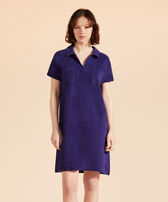 Women Terry Polo Dress Solid Midnight front worn view