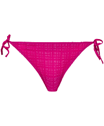 Braguita de bikini de corte brasileño con tiras laterales para anudar y estampado Plumetis para mujer Morado vista frontal