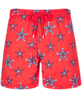 Men Swim Trunks Embroidered Starfish Dance - Limited Edition Poppy red front view
