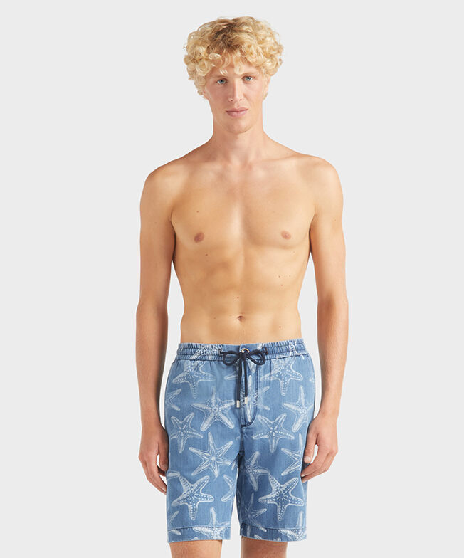 Men Denim Bermuda Shorts Starfish Light Denim Printed