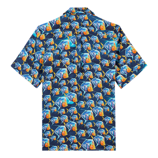 Camisa de bolos de lino con estampado Piranhas para hombre Azul marino vista trasera