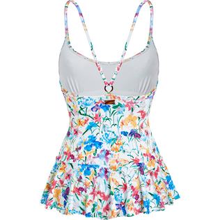 Women Skirt One-piece Swimsuit Happy Flowers White back view