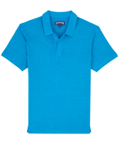 Men Linen Jersey Polo Shirt Solid Hawaii blue front view